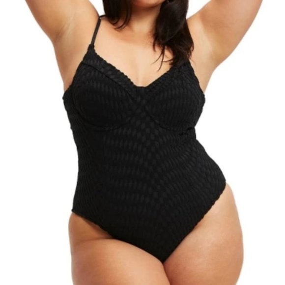 New Good American Black Jacquard Show Off One Piece Swimsuit Underwire Sz 5 - Picture 3 of 16
